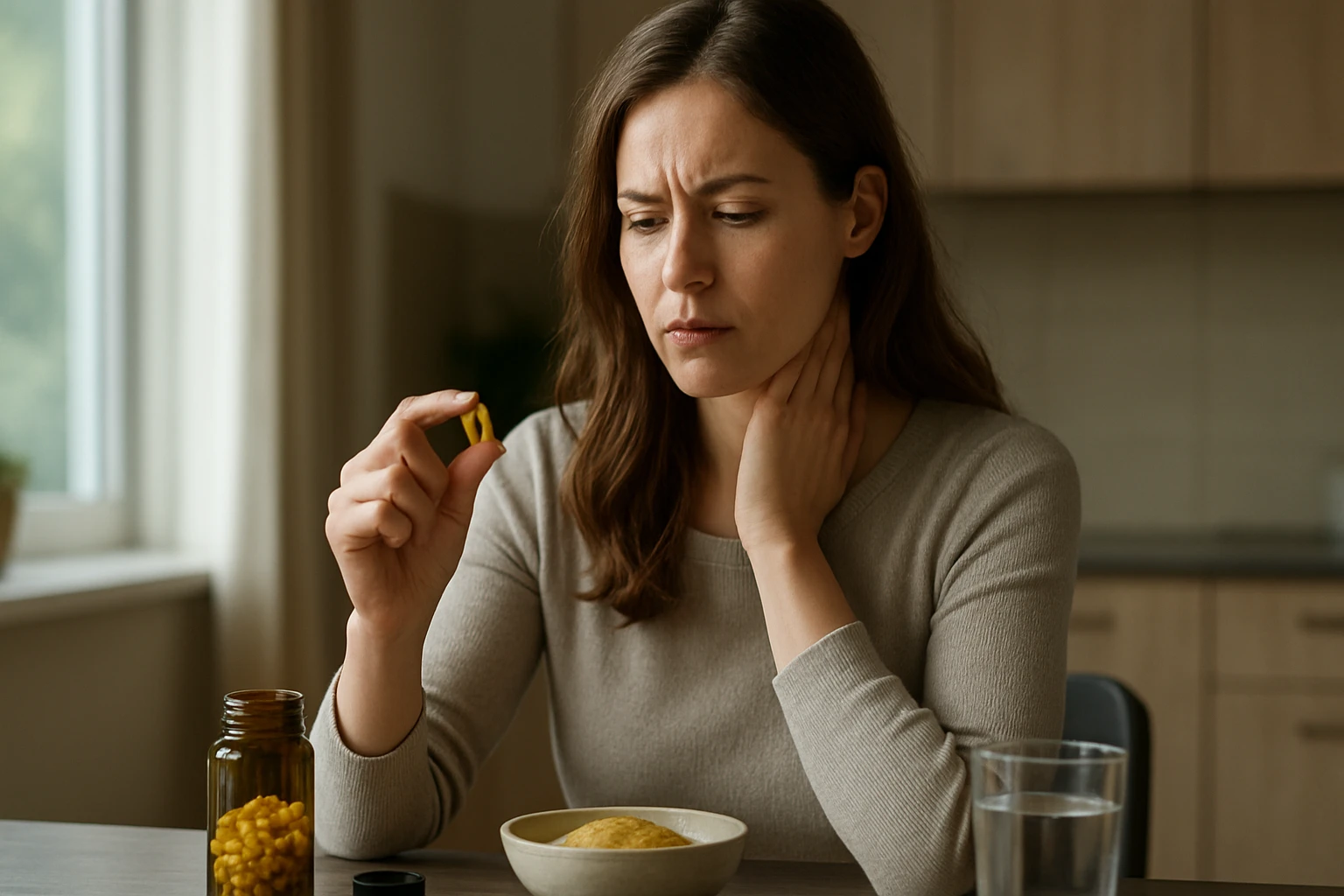 Žena premýšľa nad užívaním doplnku so sírou a vyjadruje obavy.