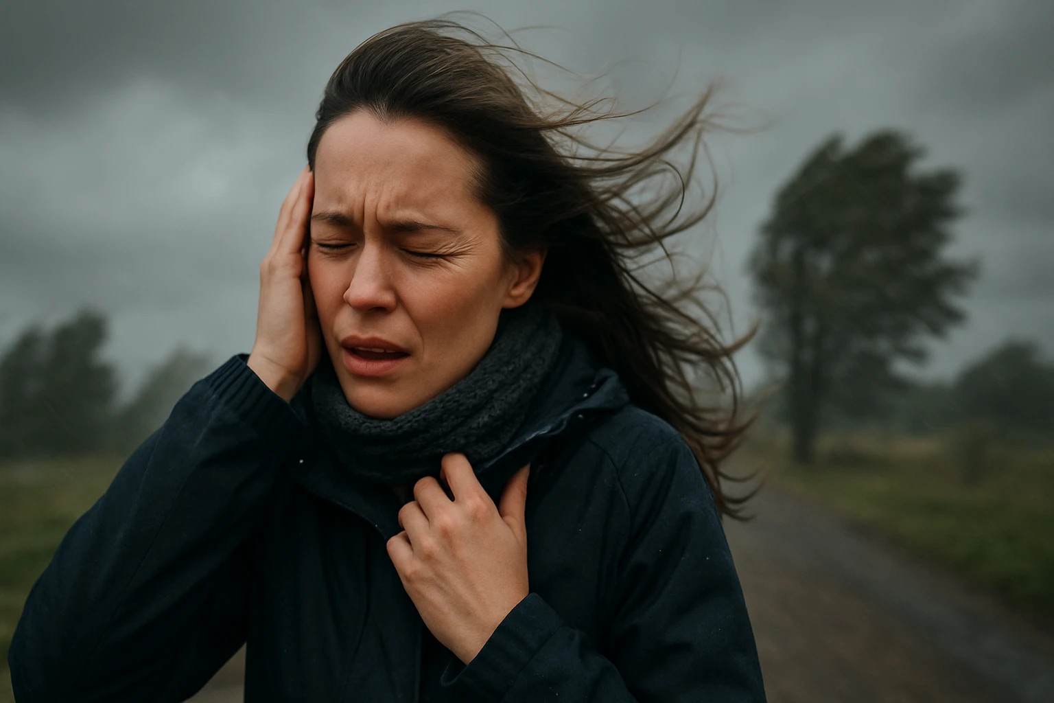 Žena si chráni hlavu pred silným vetrom počas búrkového počasia.