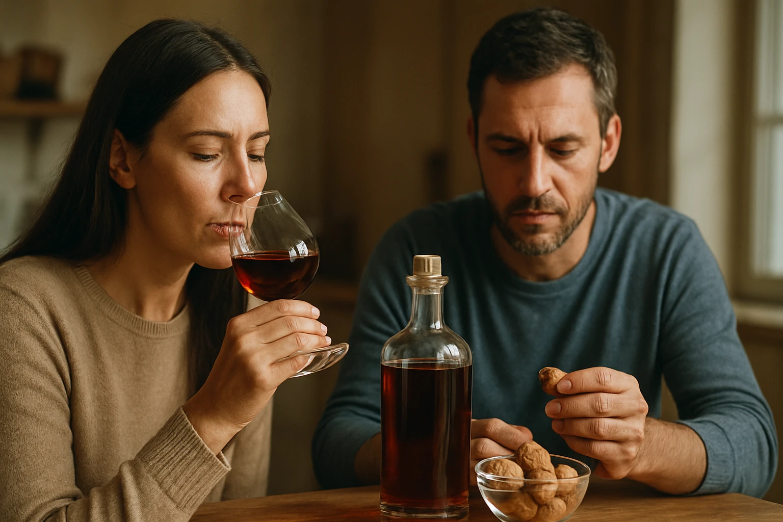 Pár si vychutnáva orechovicu a orechy pri stole