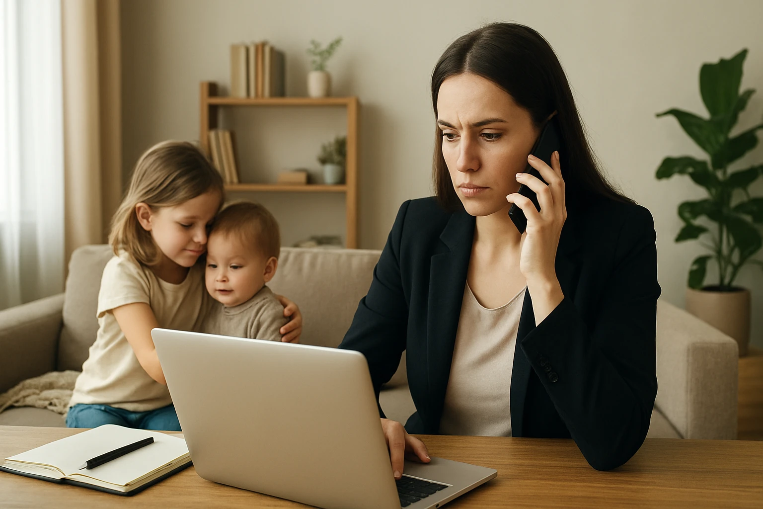 Mamička vyvažuje prácu a rodinu pri stole s deťmi.