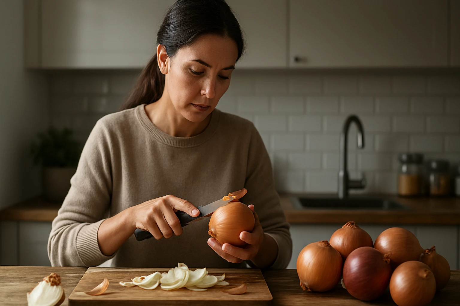 Žena krája cibuľu na doske v kuchyni