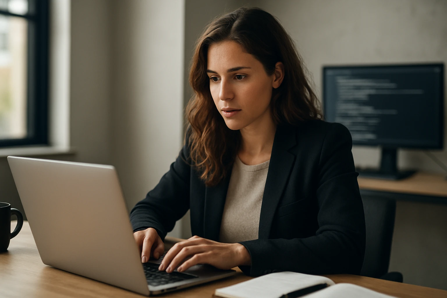 Žena v obleku pracuje na laptopu, pripravuje sa na kariéru AI Prompt Engineer.