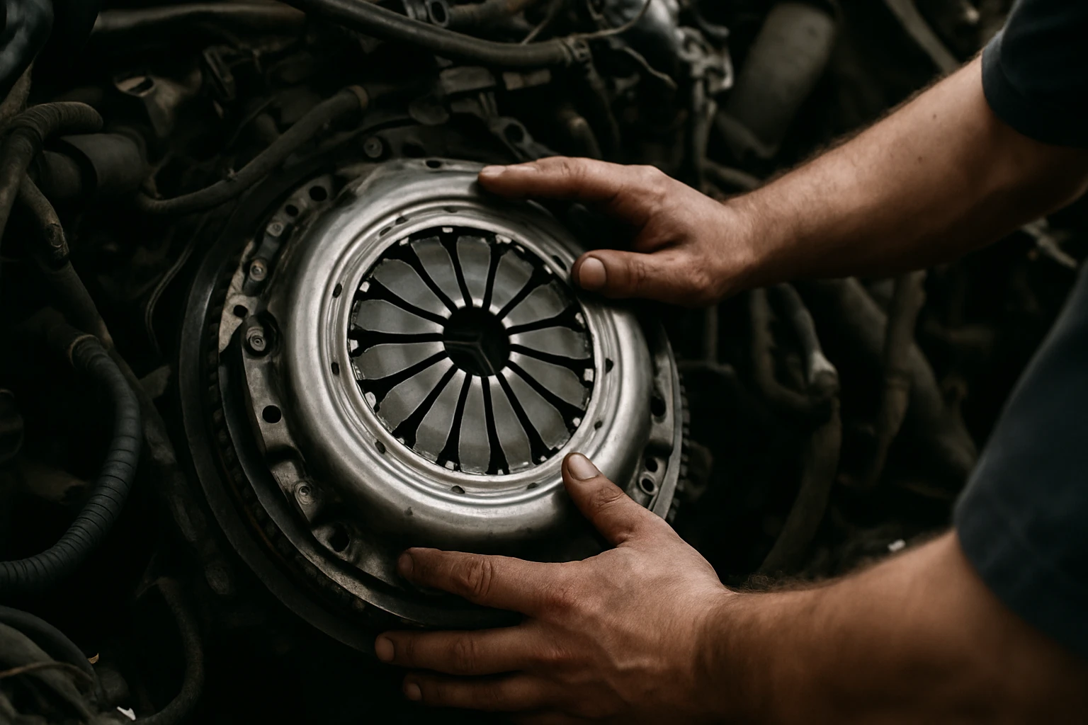 Mechanik inštaluje klznú spojku na motor vozidla.