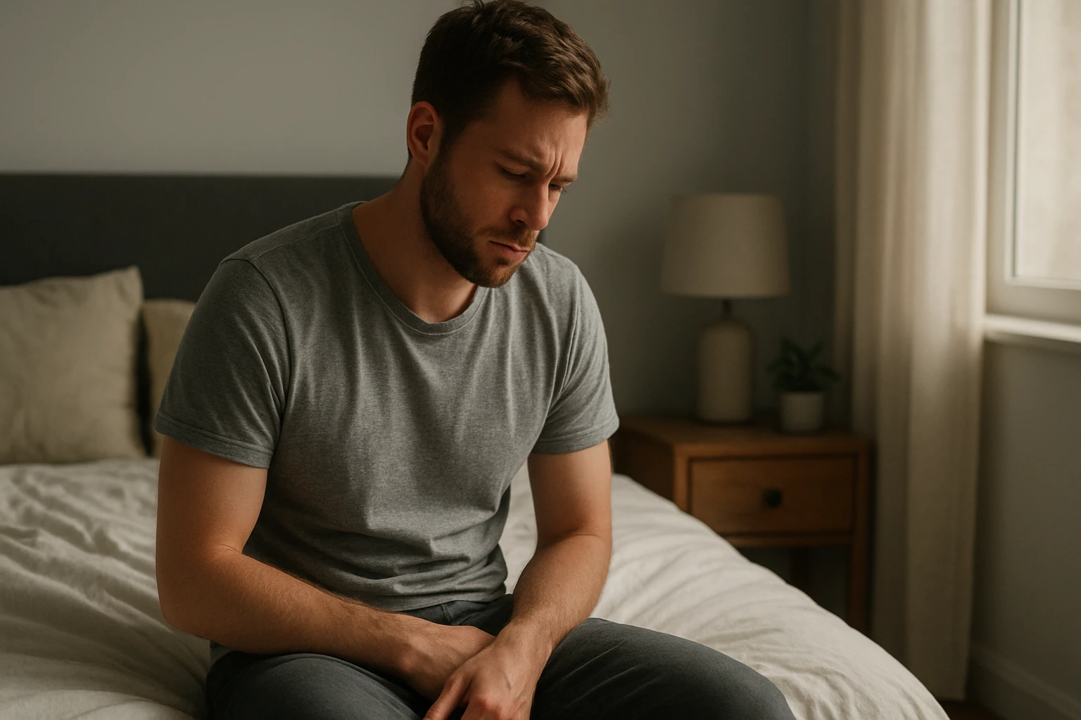 Muž sedí na posteli a vyzerá zamyslene, s rukou na bruchu.