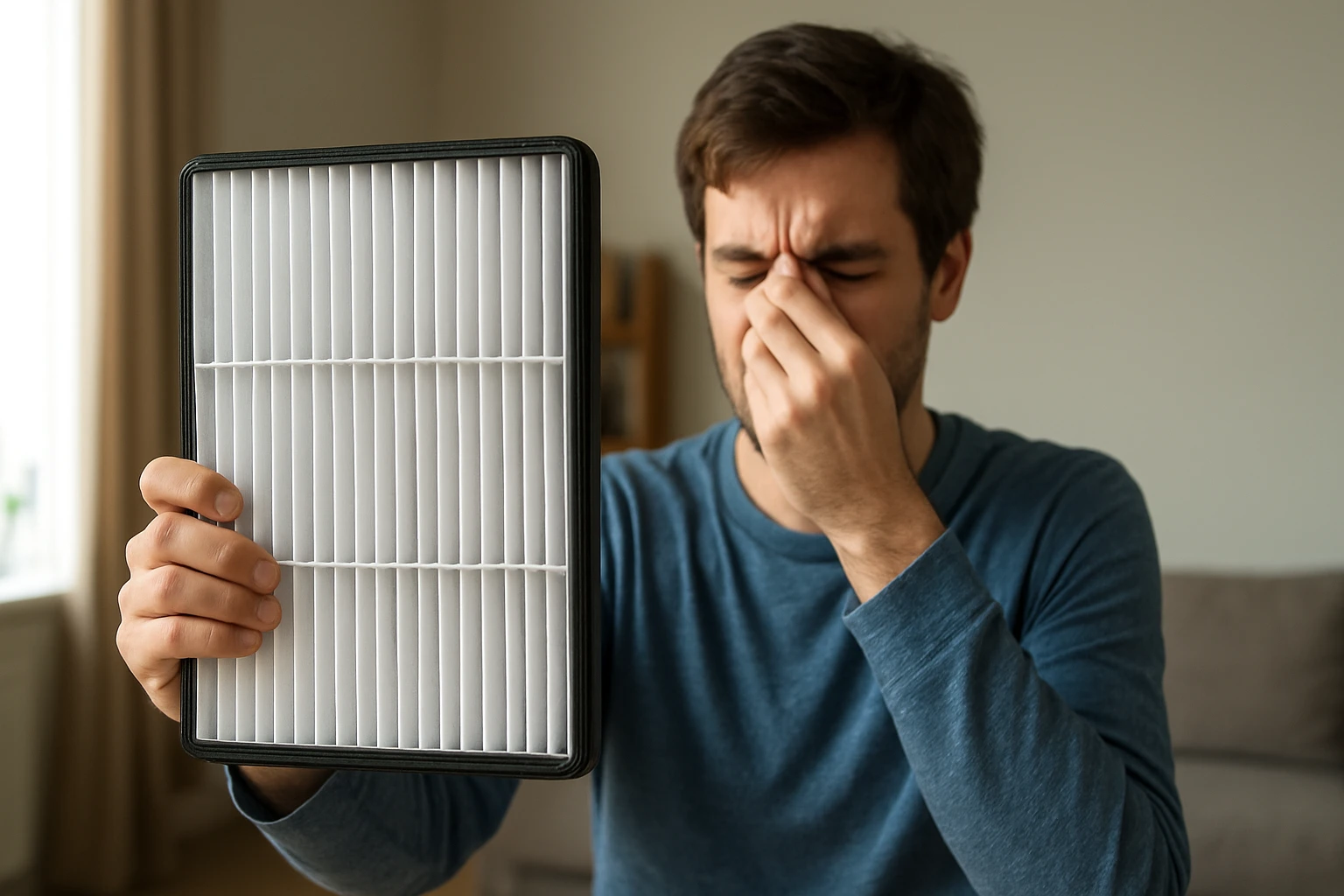 Muž trápiaci sa alergiami držiaci peľový filter