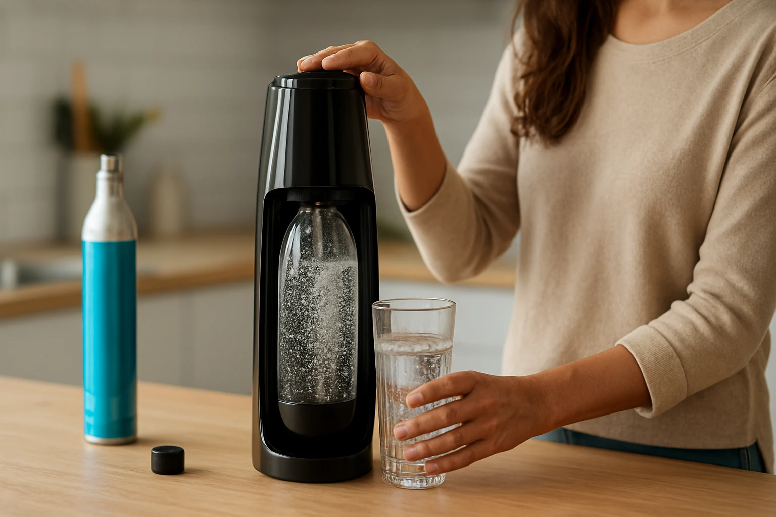 Žena pripravuje sýtenú vodu doma pomocou SodaStreamu.