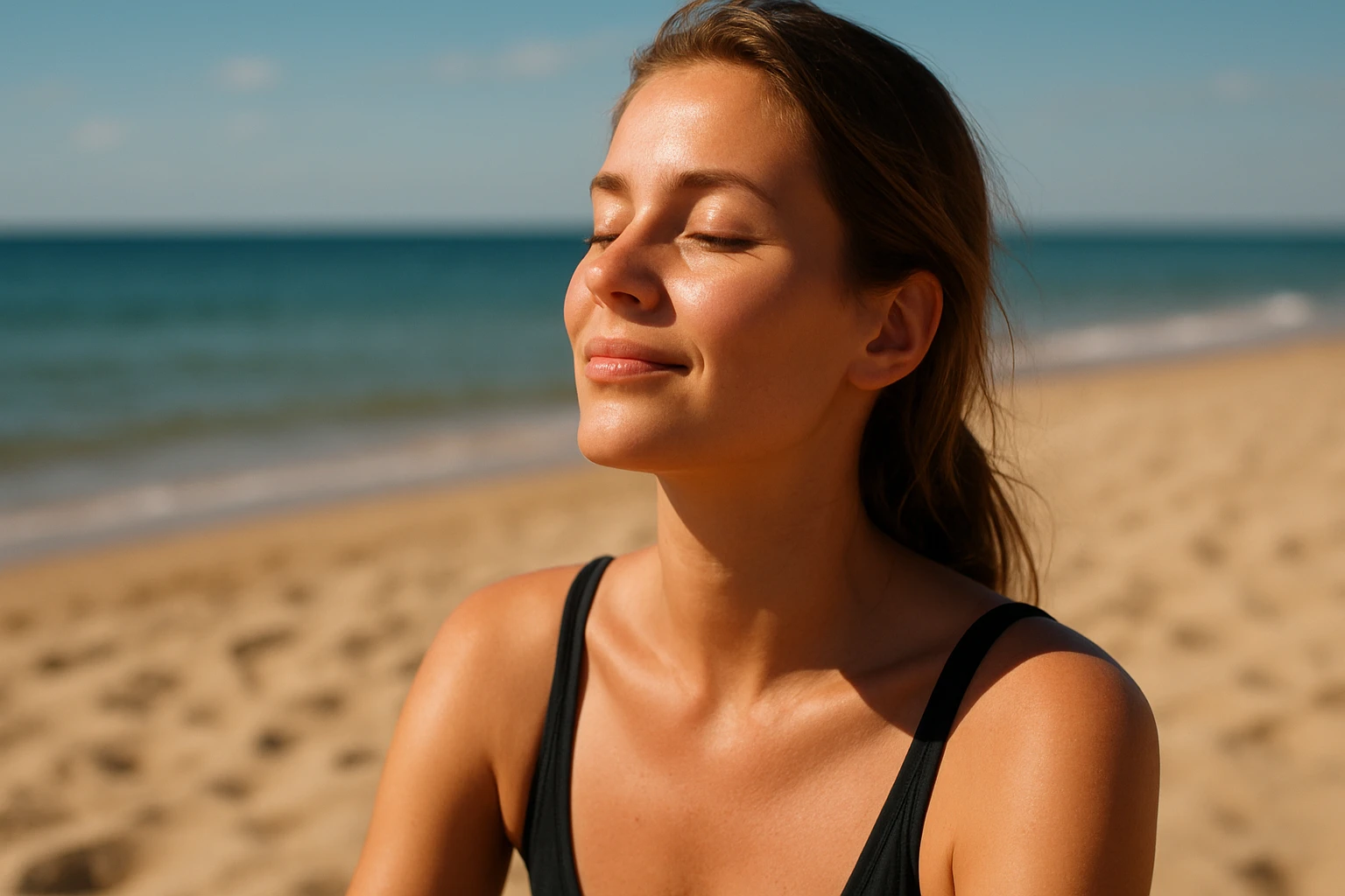 Žena si užíva slnenie na pláži, pozitívne vplývajúca na pokožku a náladu
