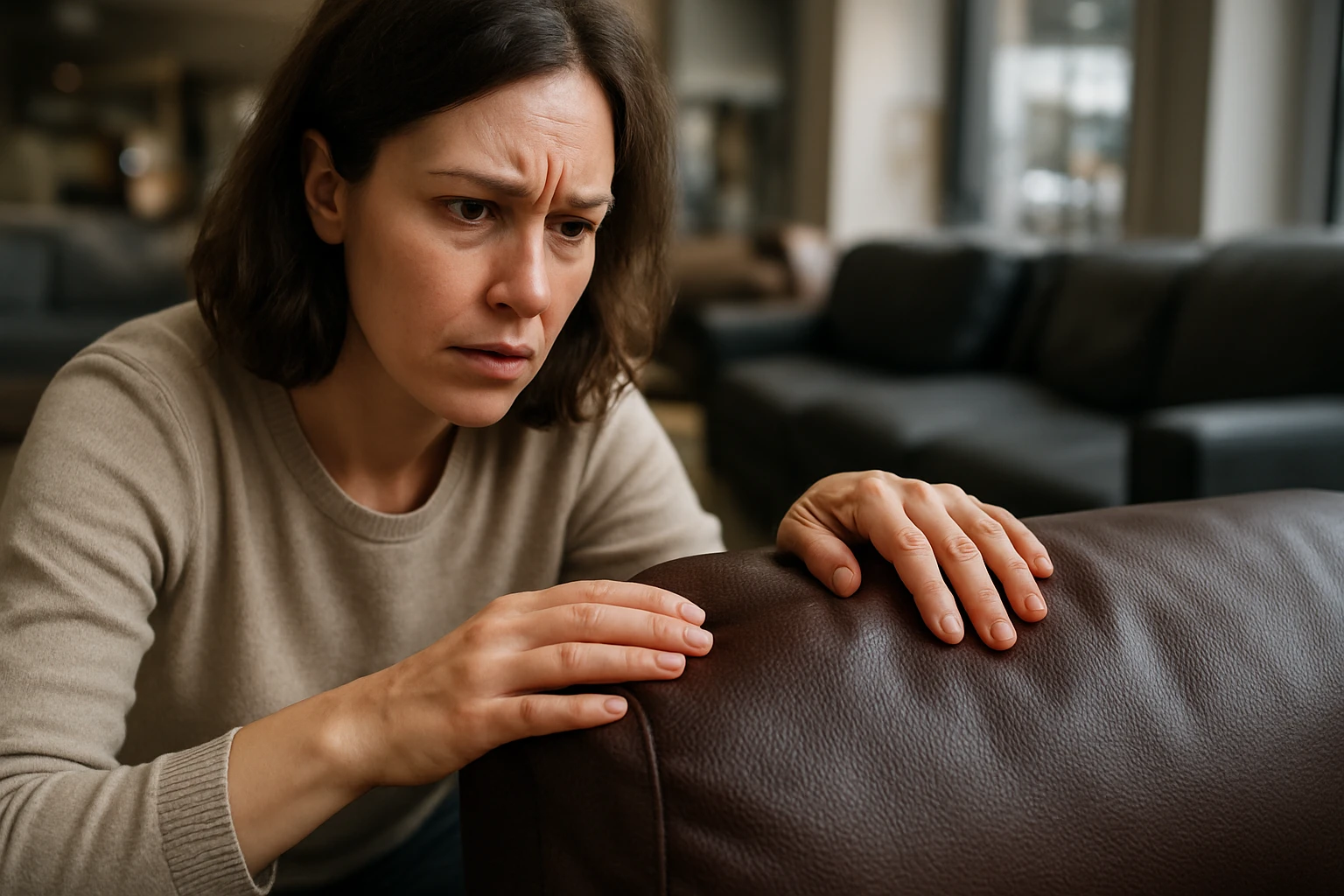 Žena kontroluje kvalitu koženého nábytku pred kúpou.