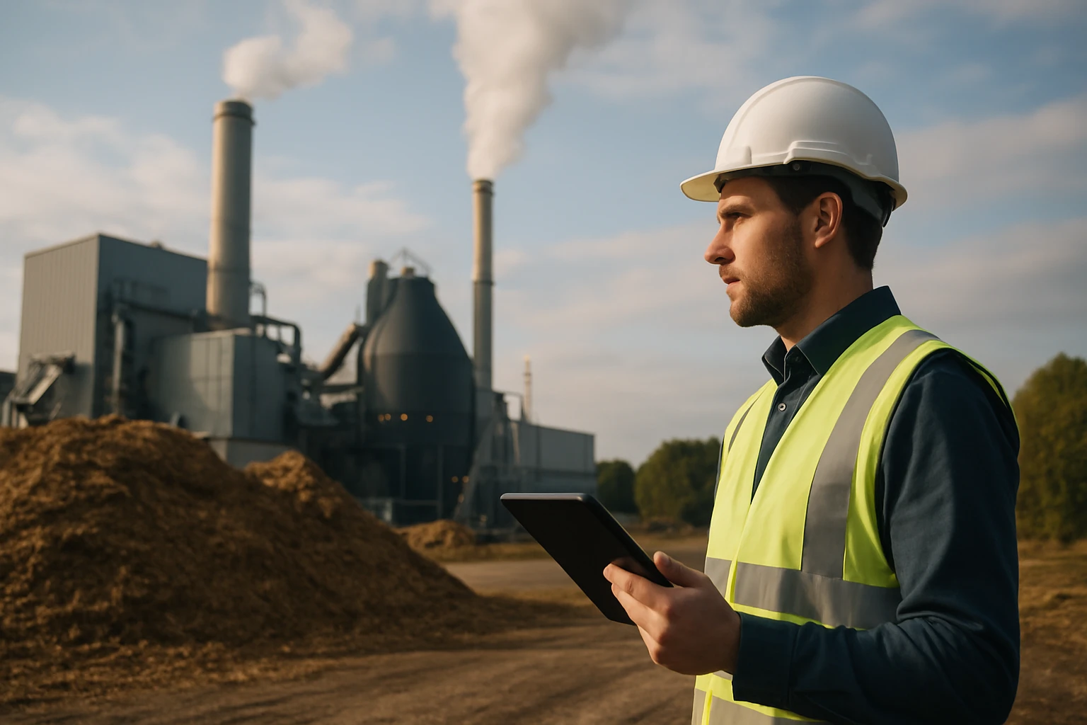 Pracovník s tabletom v biomasa elektrárni s dymiacimi komínmi.