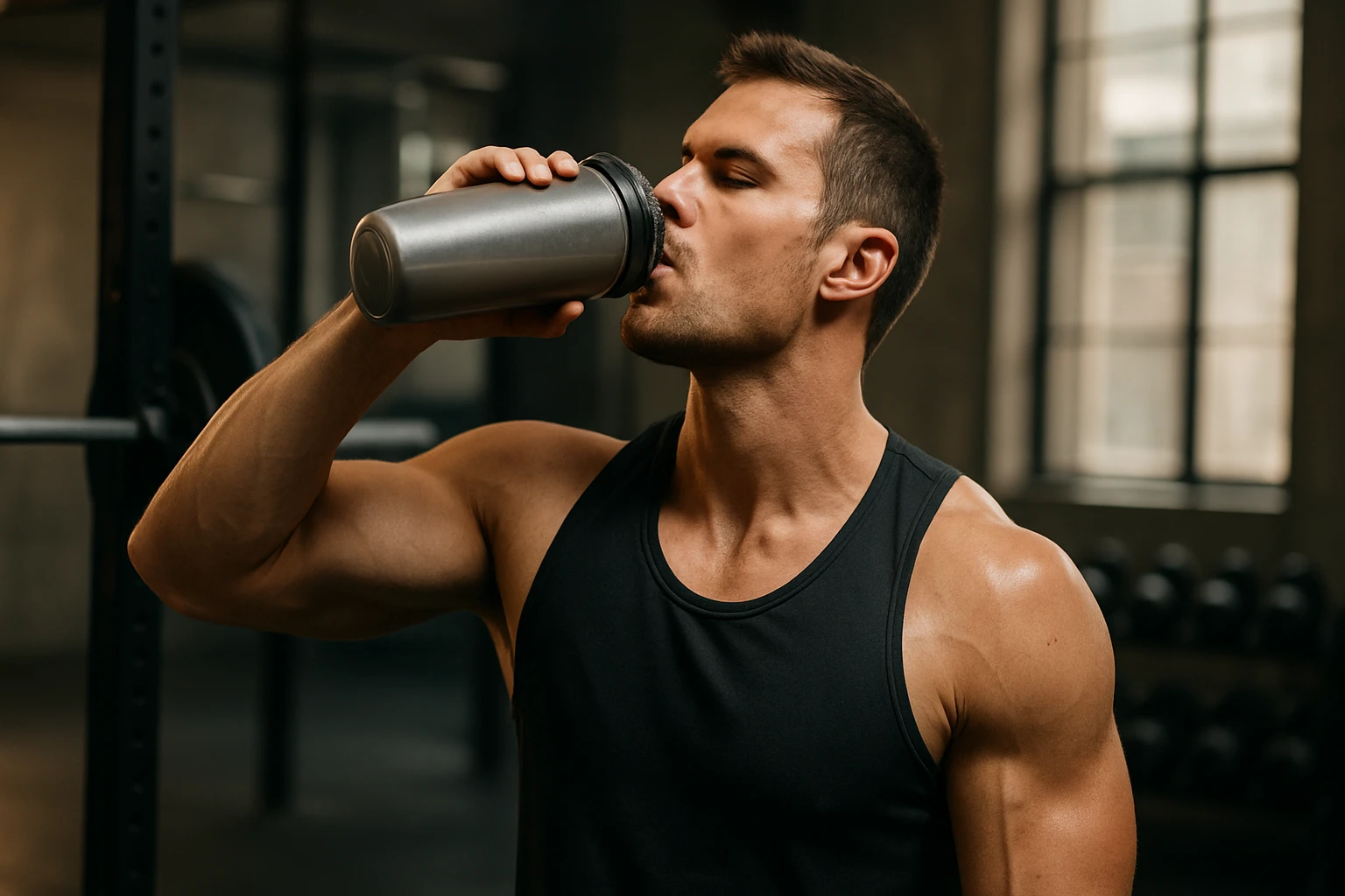 Muž pije energetický nápoj po tréningu vo fitness centre.
