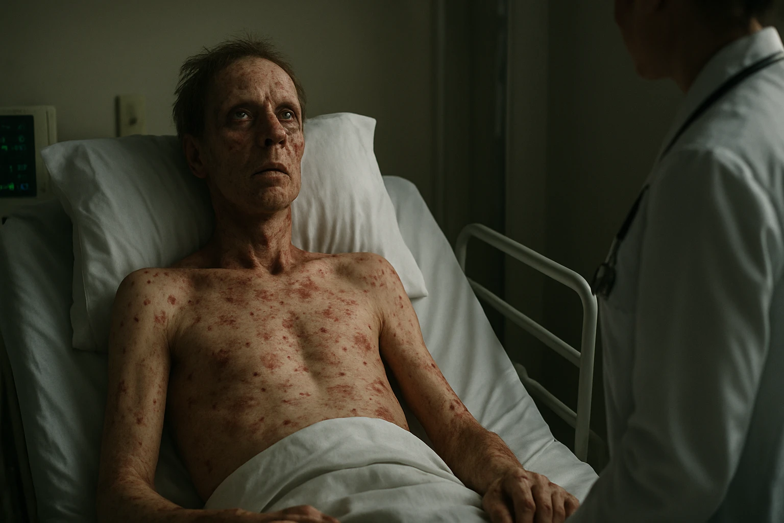 Zranený muž v nemocnici po poškodeniu atómovou bombou.