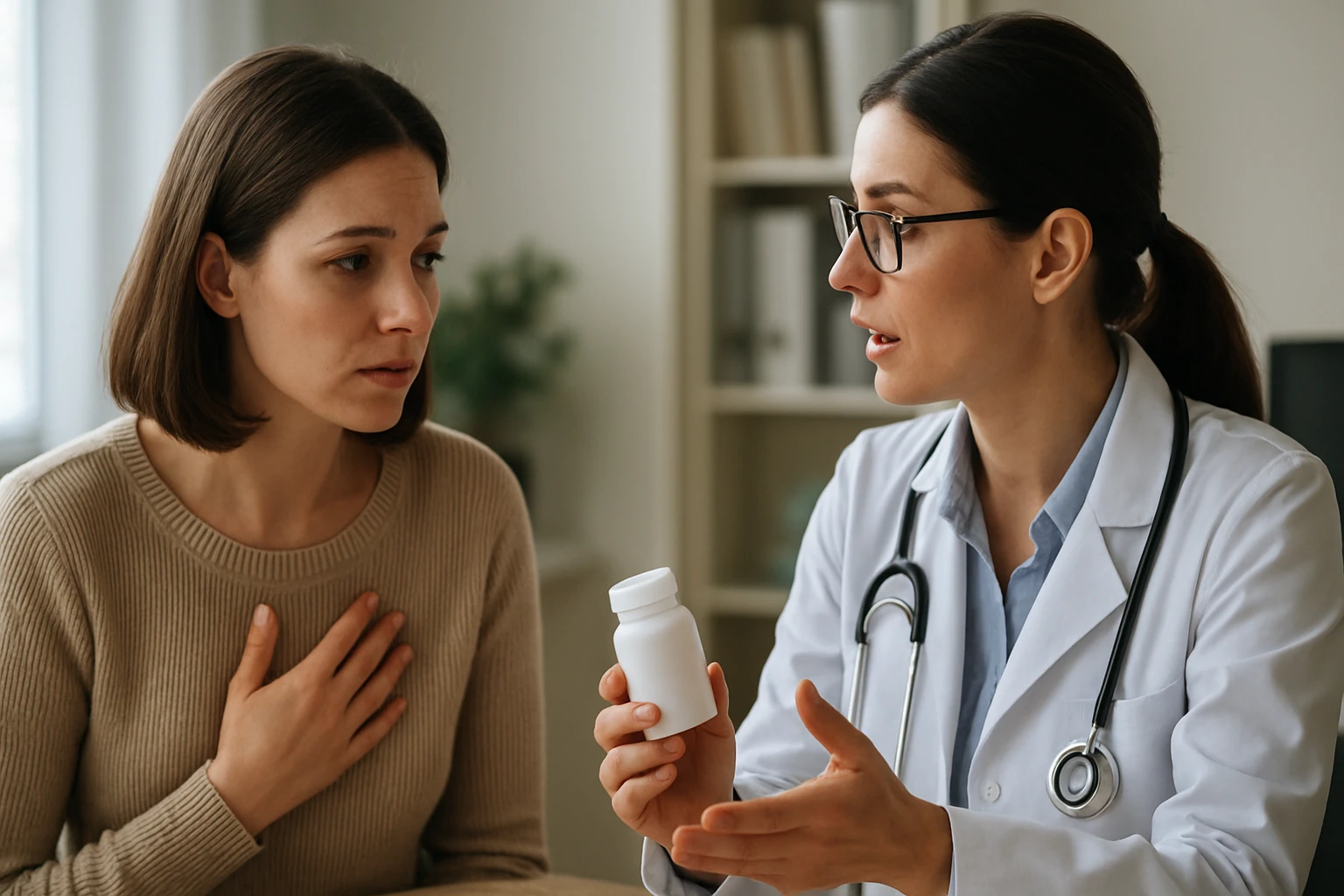 Žena sa znepokojene rozpráva s lekárkou o zdravotných ťažkostiach.