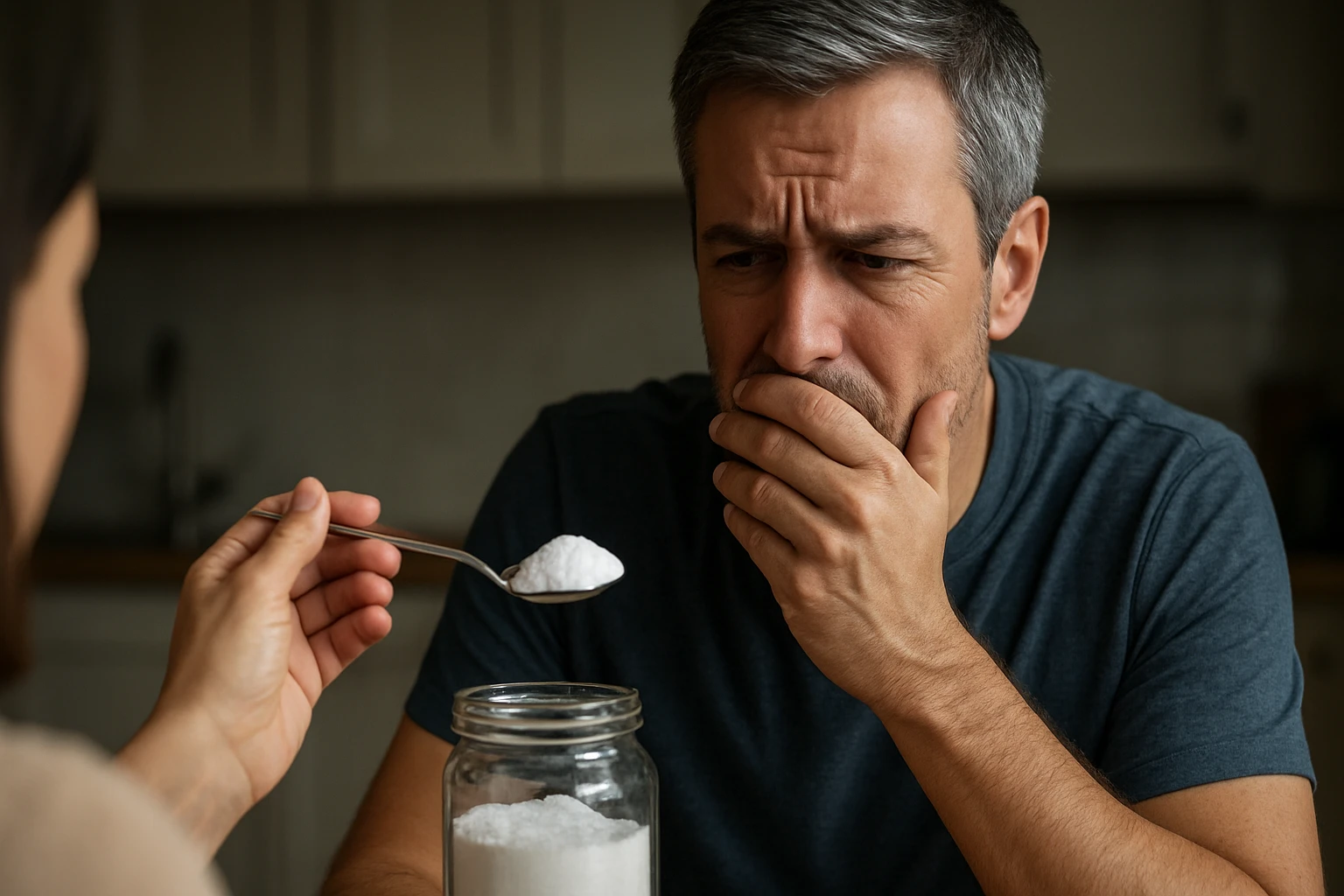 Muž s prekvapeným výrazom pri pohľade na jedlú sódu.