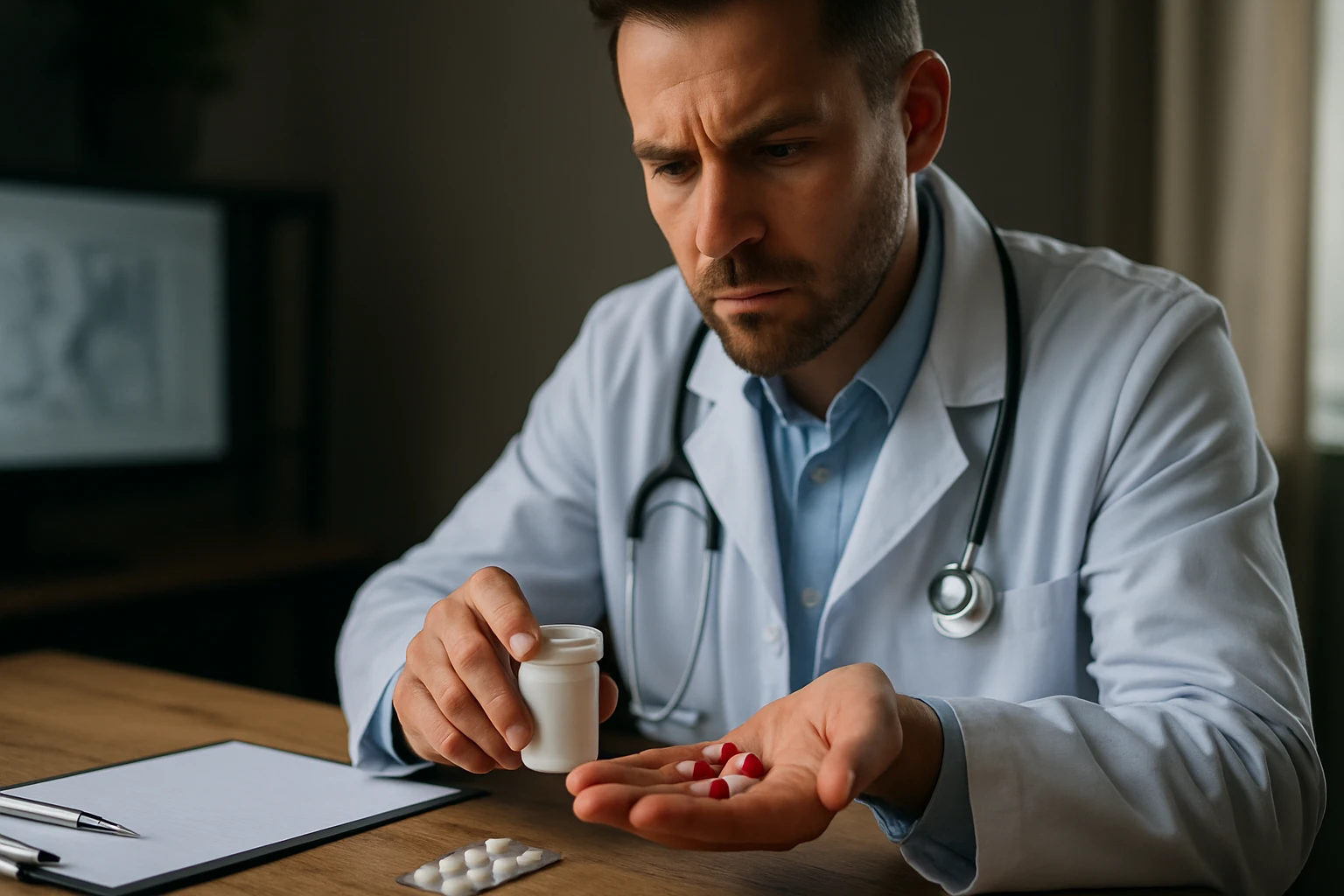 Lekár skúma kapsuly meldonia na stole s predpísaným zápisníkom.