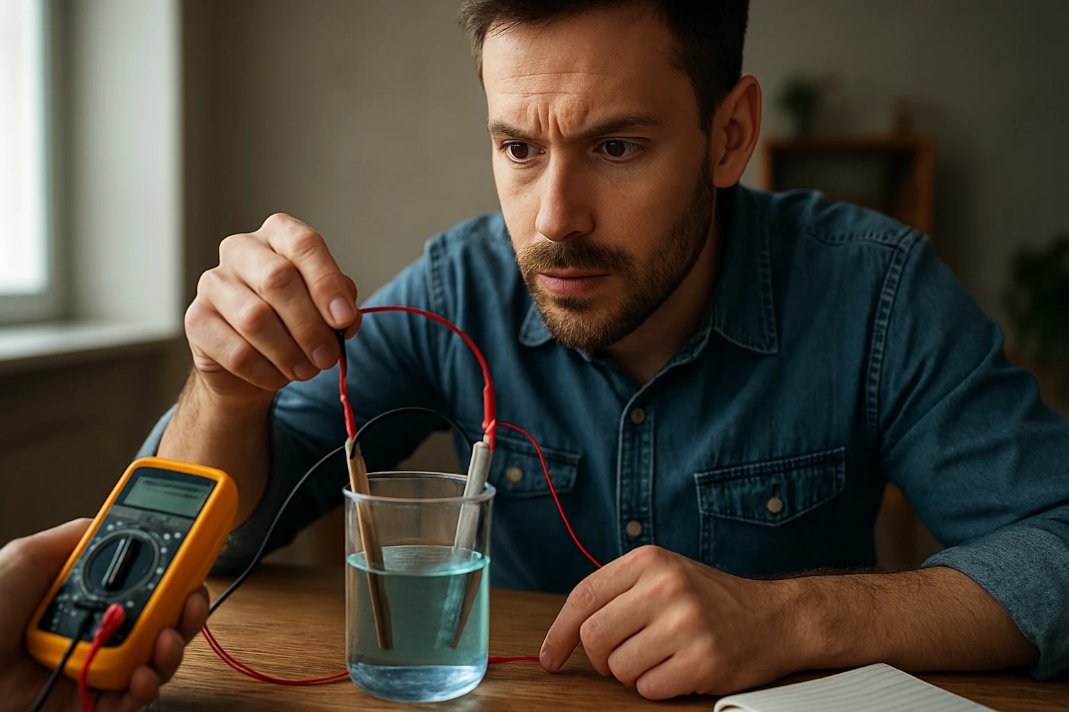 Muž experimentuje s galvanickým článkom vo vode, analyzuje prúd
