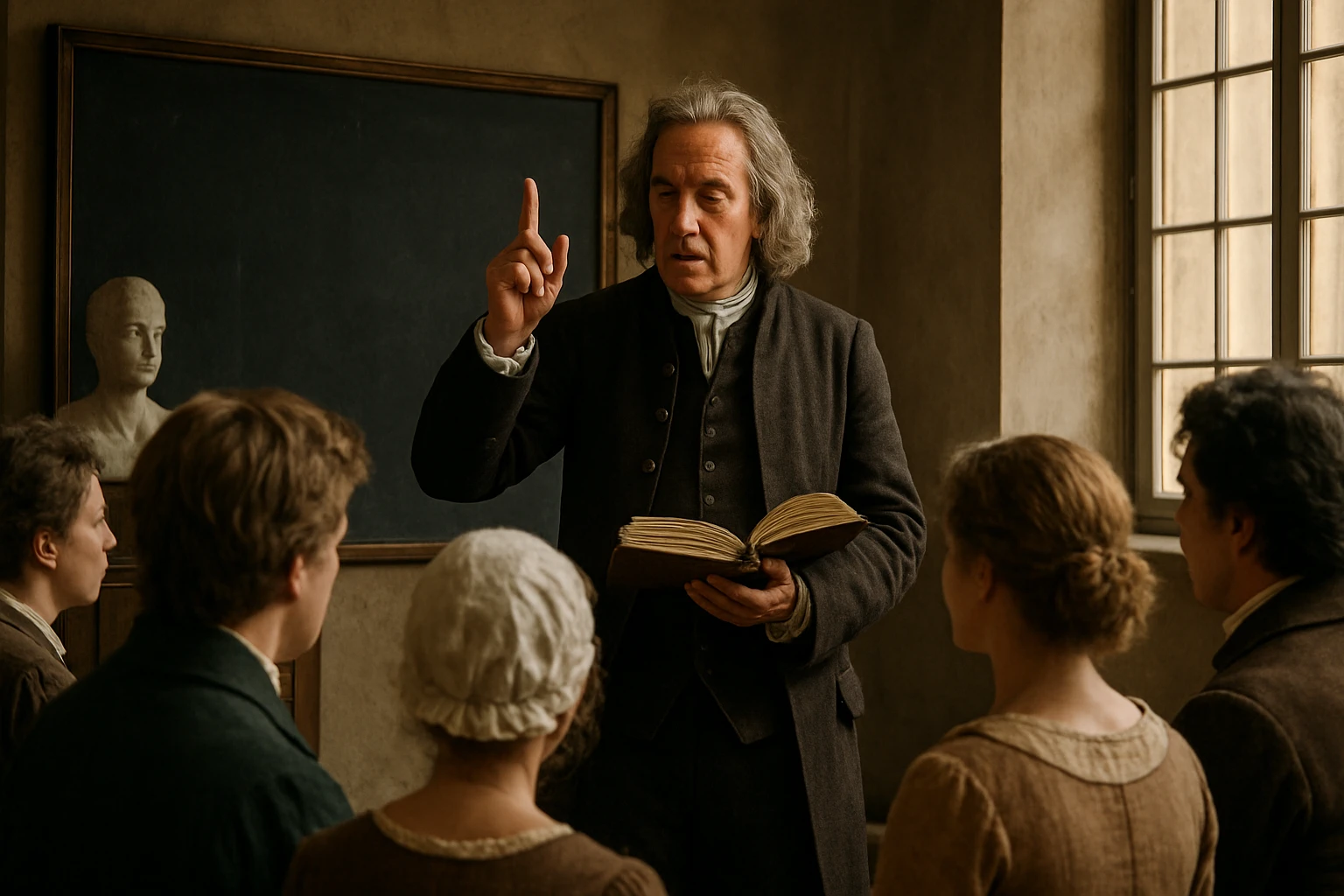 Vyučovanie v ére osvietenstva, kde učenec diskutuje o rozume a právach.