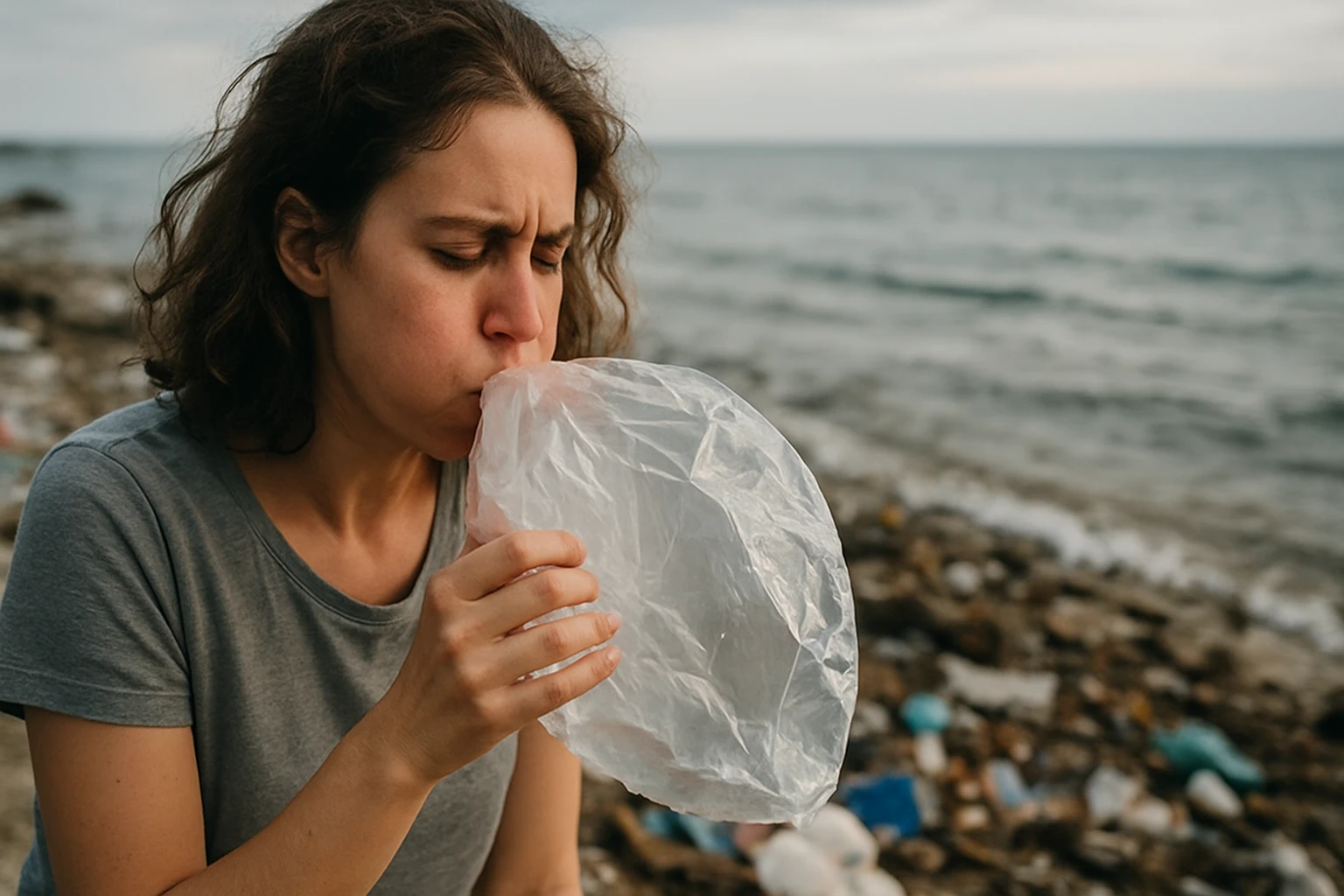 Žena s plastovým obalom pri mori, zobrazuje problém plastového odpadu.