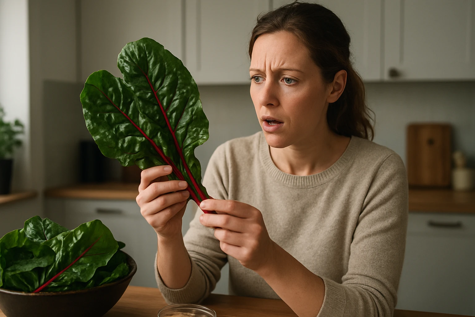 Žena skúma čerstvé cviklové listy v kuchyni.
