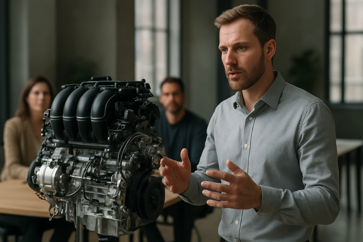 Predná prezentácia MPI motora s odborníkom a poslucháčmi v pozadí.