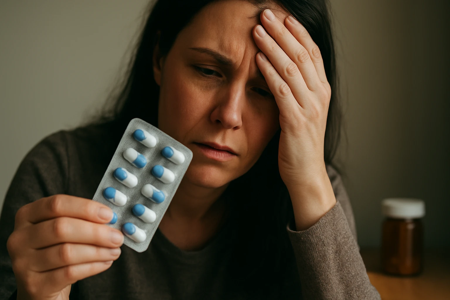 Žena s bolestivým výrazom držiaca expirované antibiotiká.