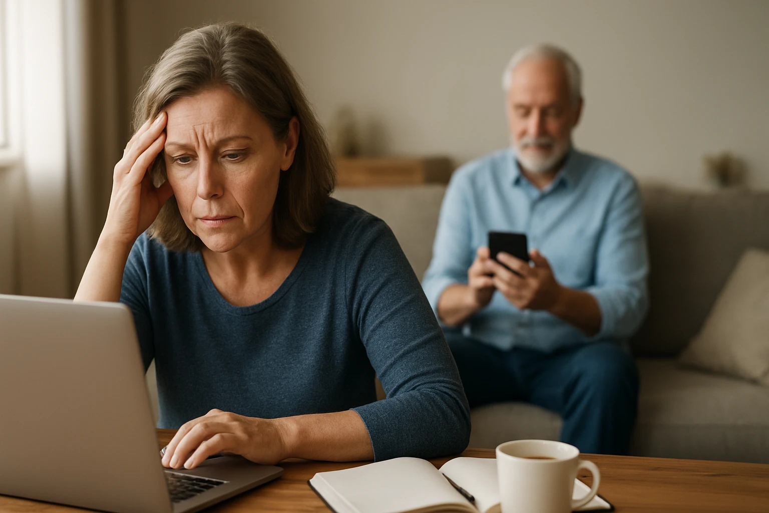 Žena vyzerajúca rozrušene pri práci na počítači doma.