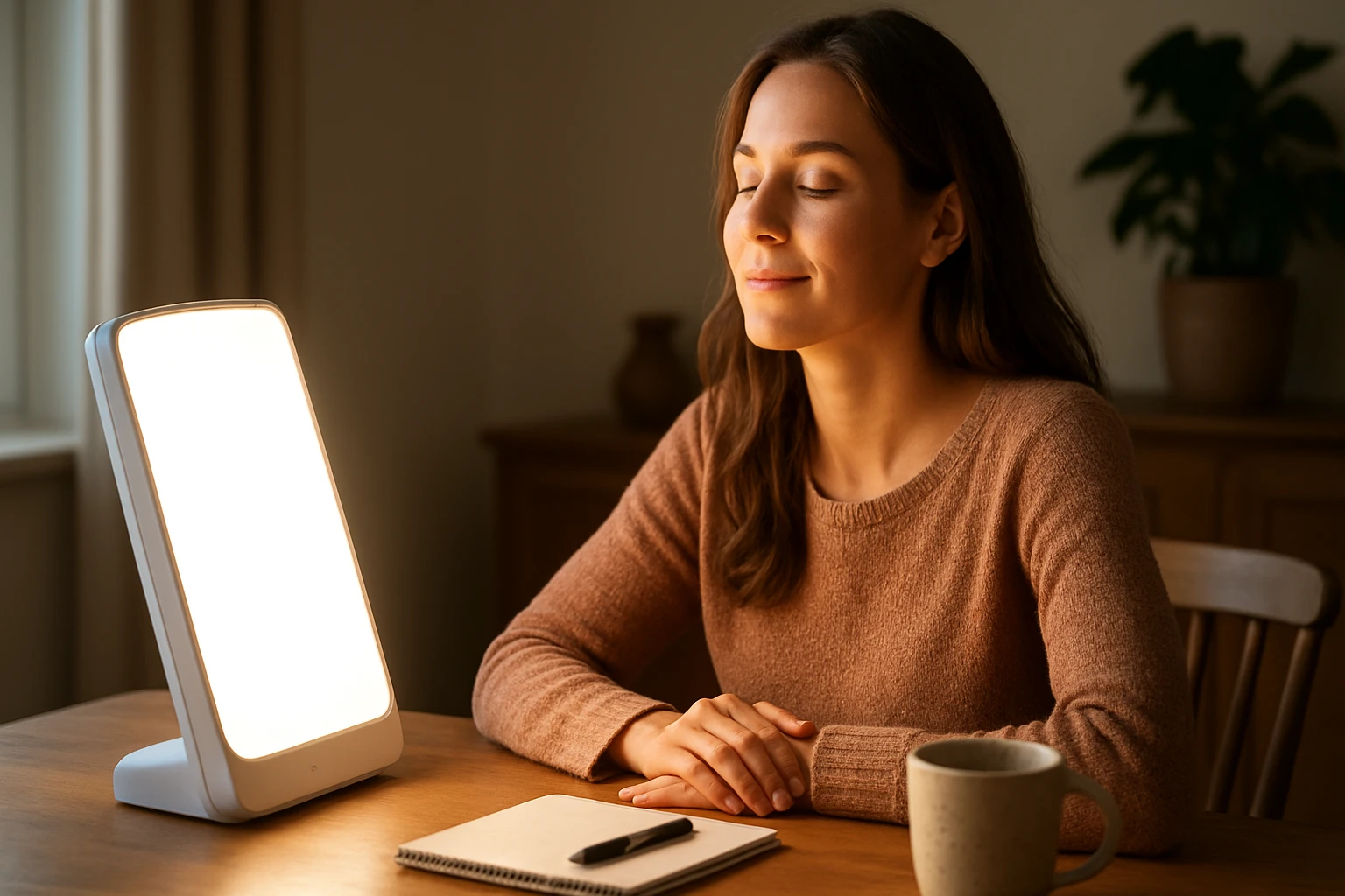Žena relaxuje pri slnečnej lampe, zlepšuje svoju pohodu a náladu