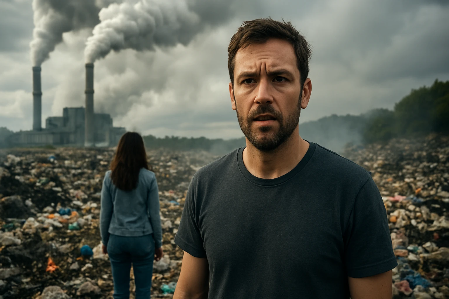 Muži a žena stoja na znečistenom území s dymom z komínov v pozadí.