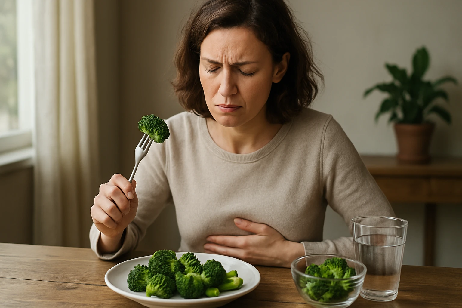 Žena s brokolicou, ktorá sa cíti nepríjemne pri jedle.