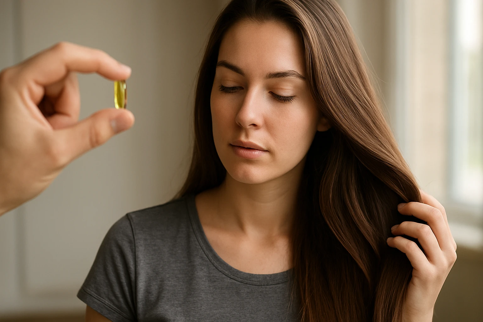 Mladá žena sa pozerá na vitamín, ktorý podporuje rast vlasov