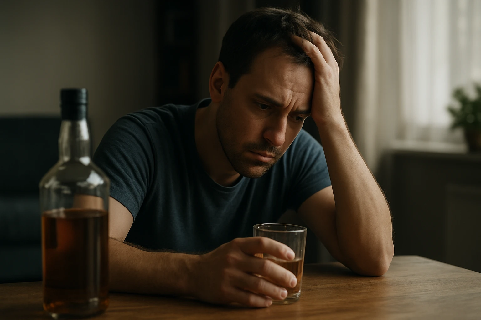 Zamyslený muž s alkoholom, ktorý sa zaoberá svojimi životnými problémami.