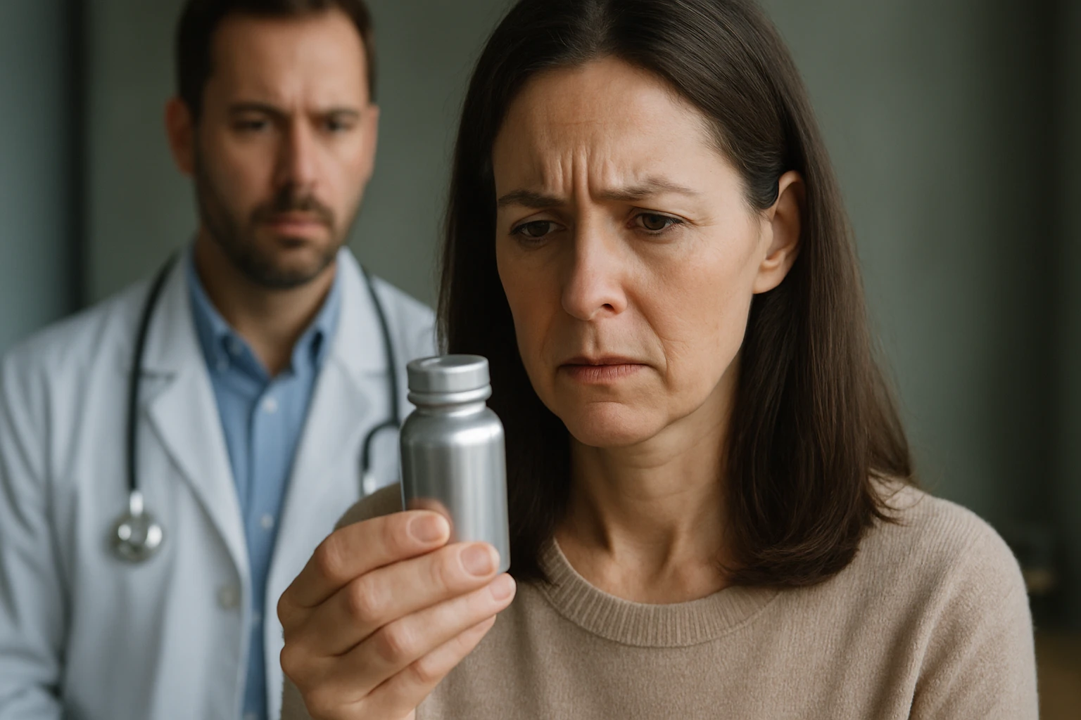 Žena s obavami skúma fľaštičku strieborných iónov pred lekárom.