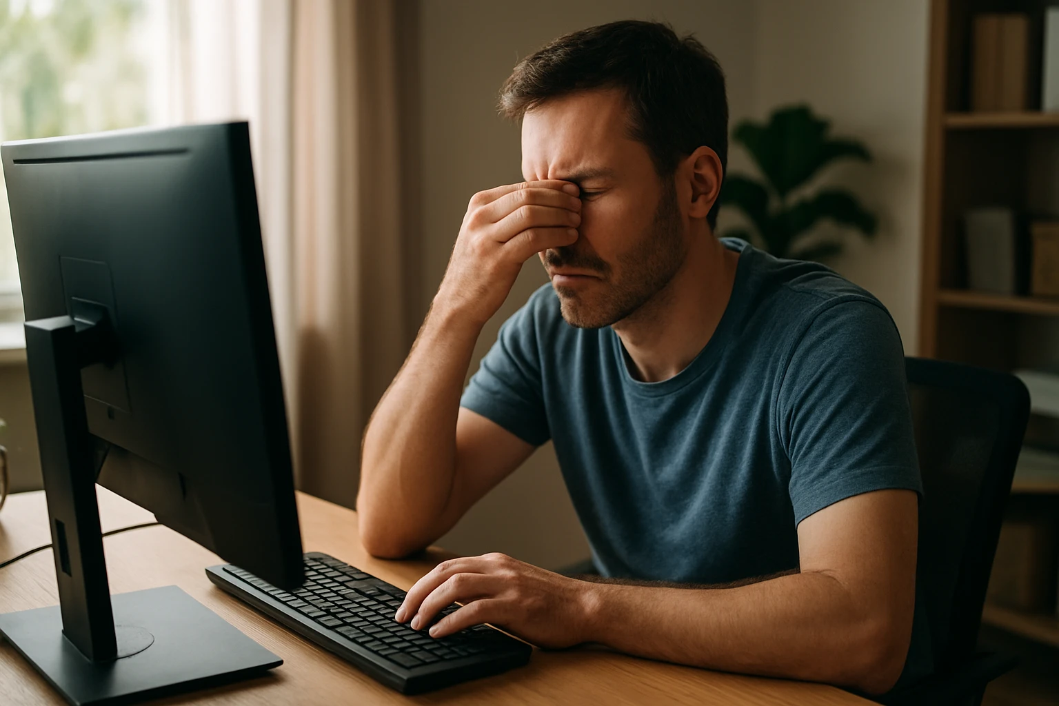 Muž trpiaci stresom a únavou pri počítači v domácom prostredí.