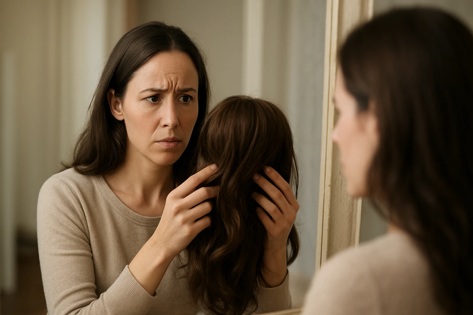 Žena skúma parochňu z čelného pohľadu v zrkadle.