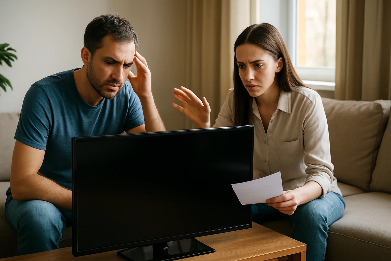 Pár frustrovaný pri sledovaní plazmového televízora