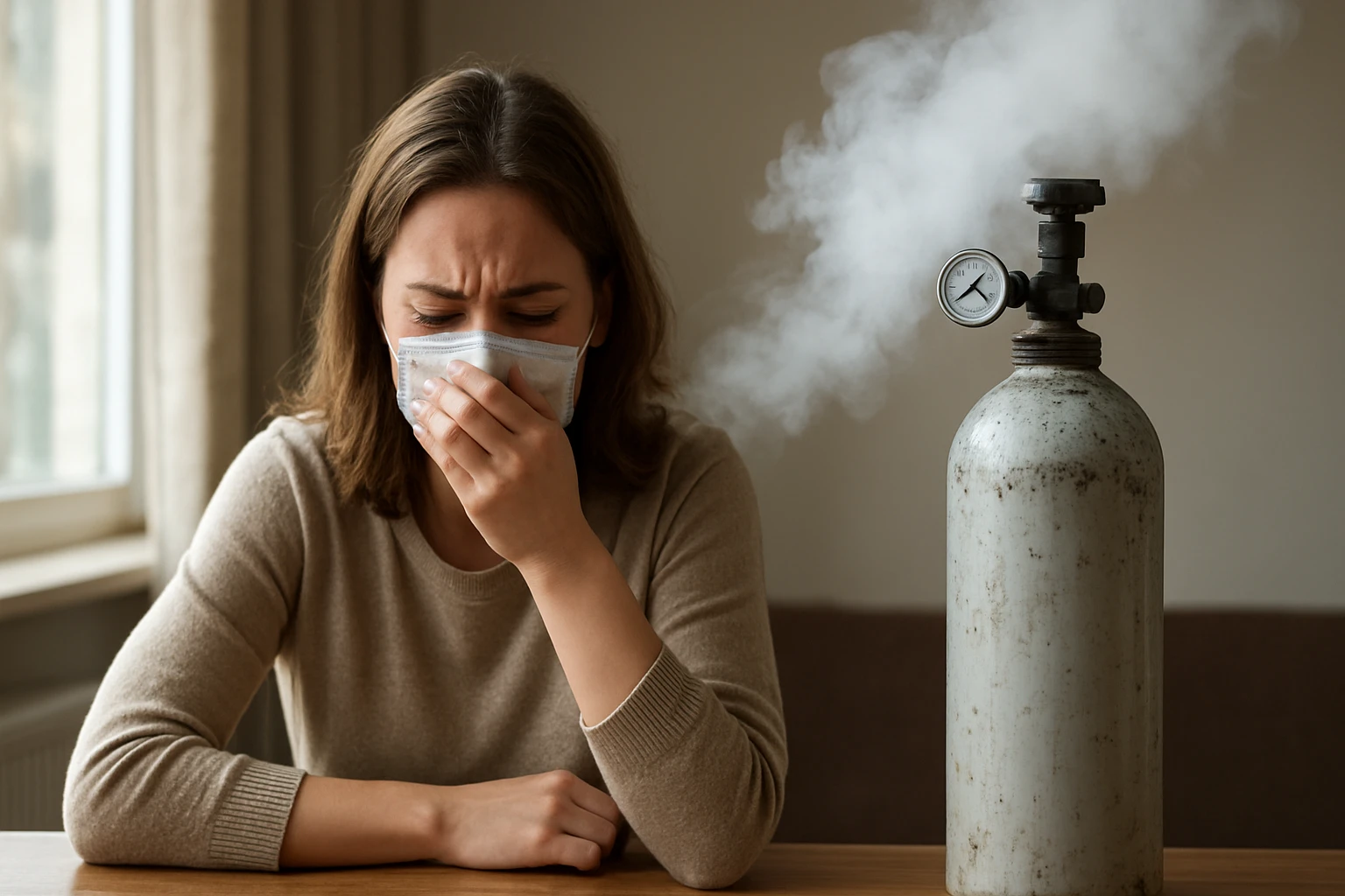 Žena v maske s ťažkým dýchaním a oxidačným zdrojom