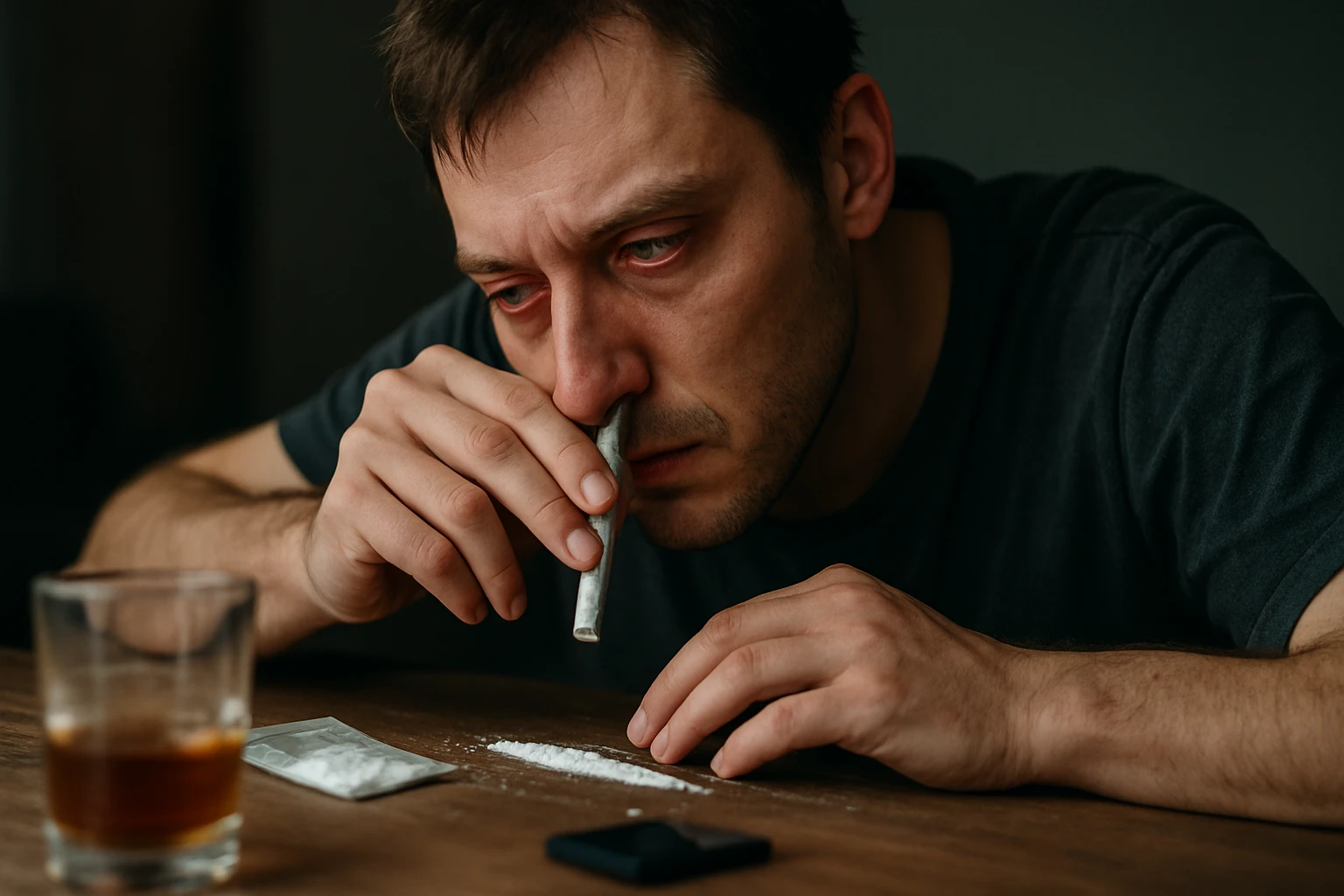 Muž užívajúci kokain s červenými očami, vedľa pohár alkoholu.