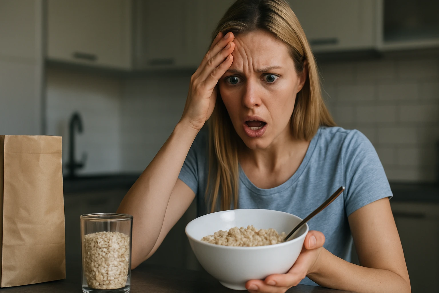 Žena prekvapená obsahom ovsených vločiek pred sebou