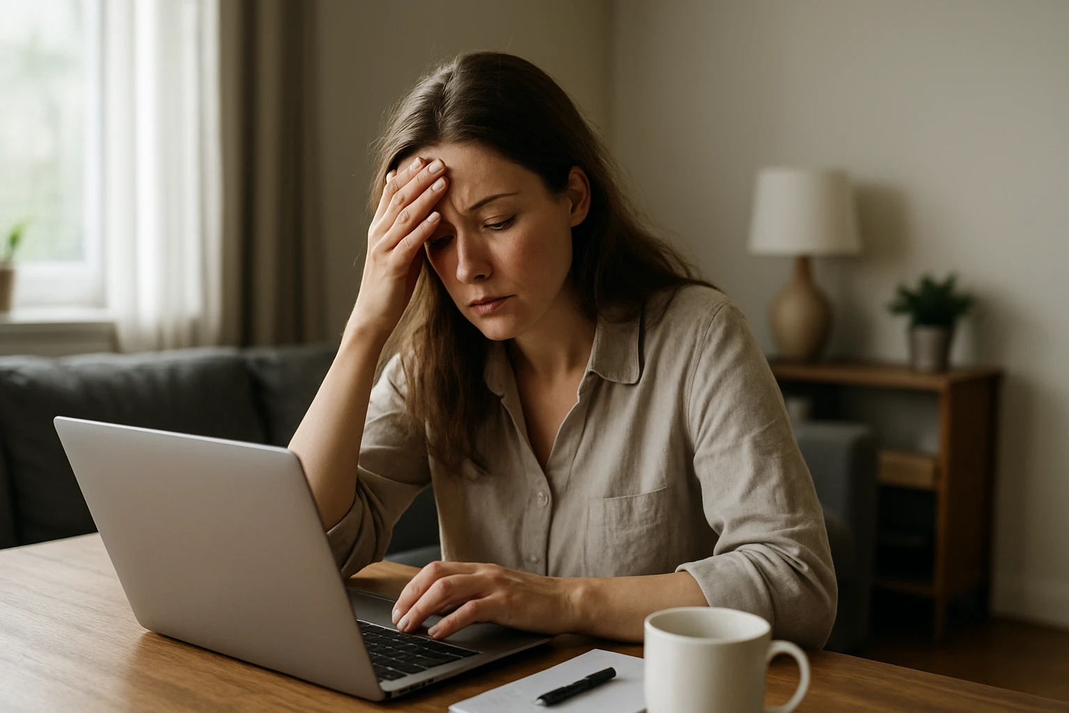 Žena ukazuje na stres pri práci z domu s laptopom