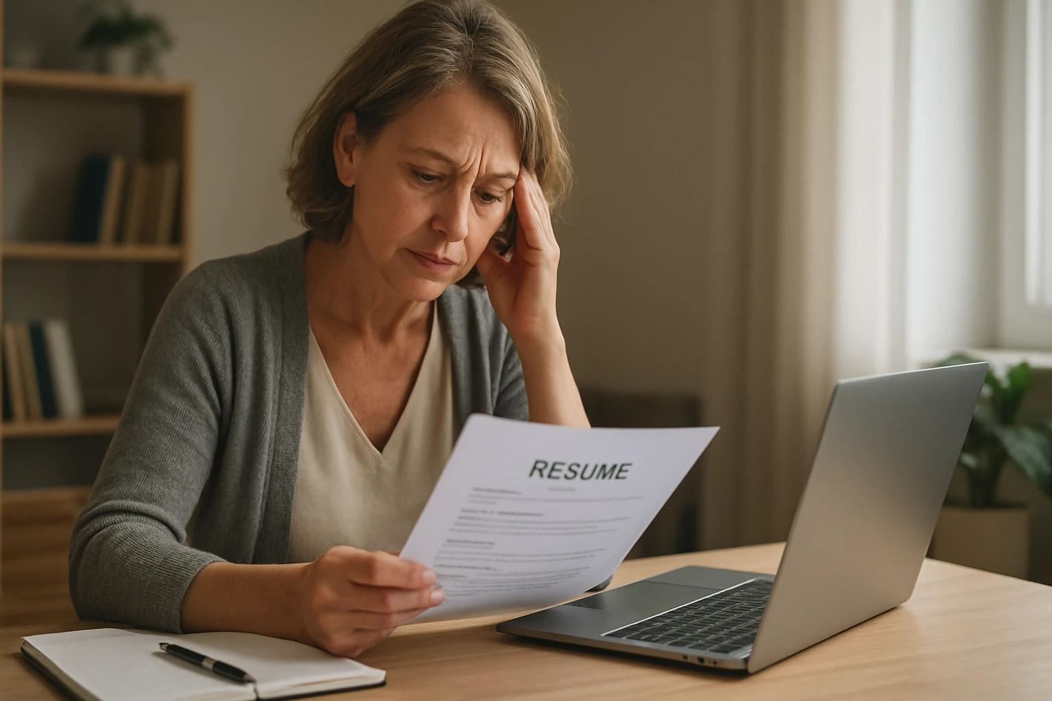 Žena zaneprázdnená revíziou svojho životopisu po dlhšej pauze.