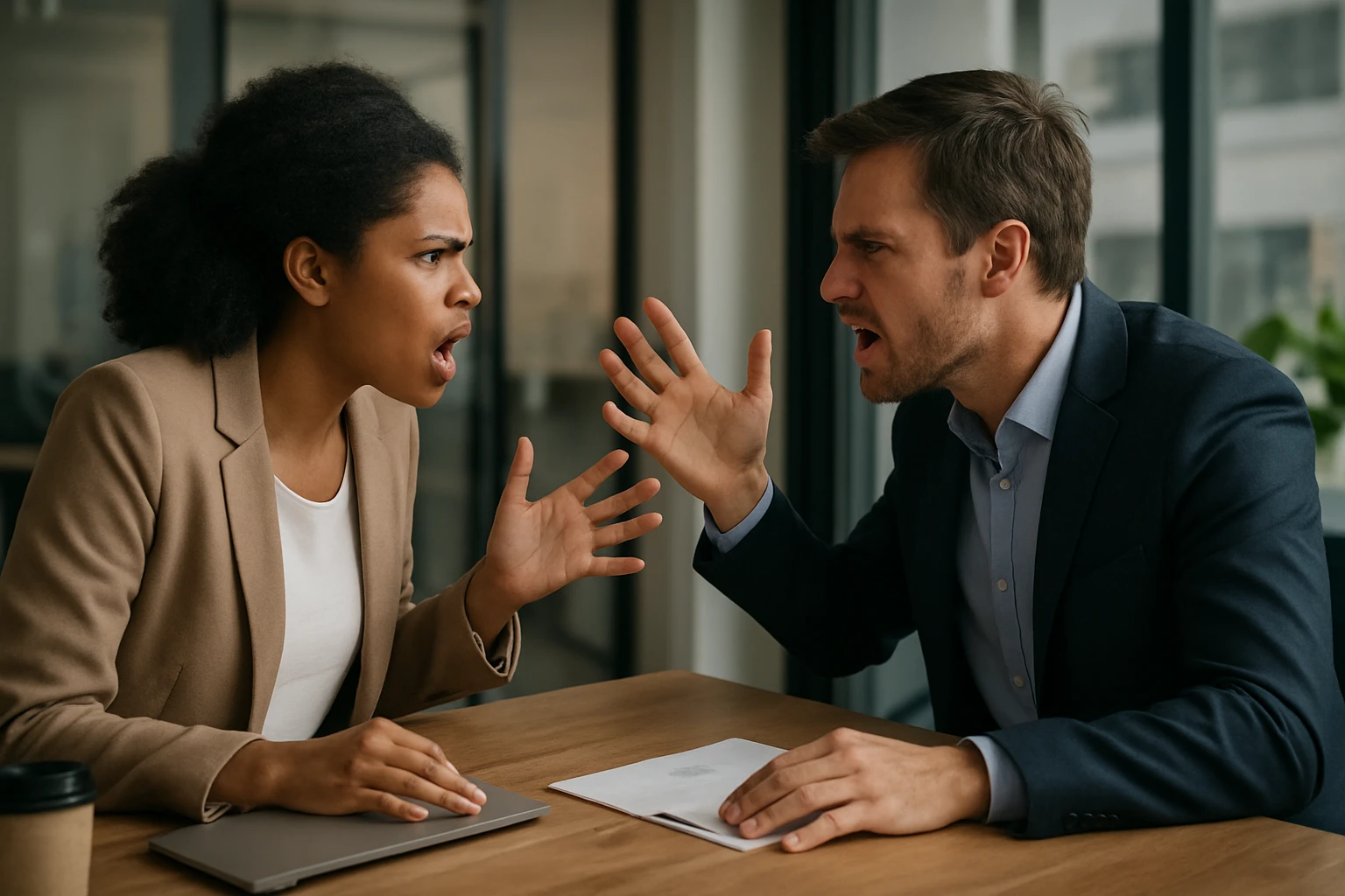 Pracovný konflikt medzi dvoma kolegami v kancelárii.