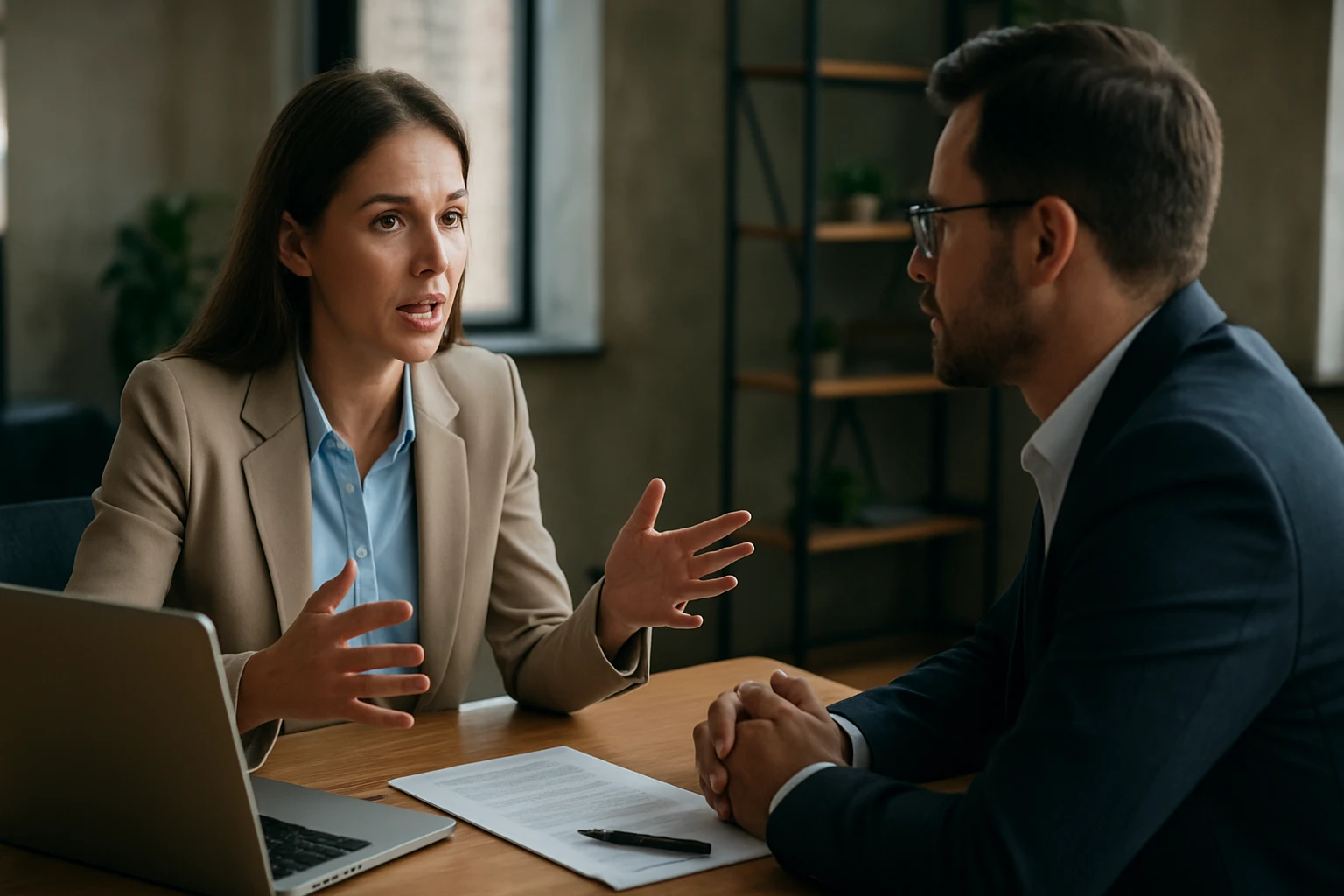 Žena vyjednáva o plate s mužom v kancelárii, chystajú sa na diskusiu.