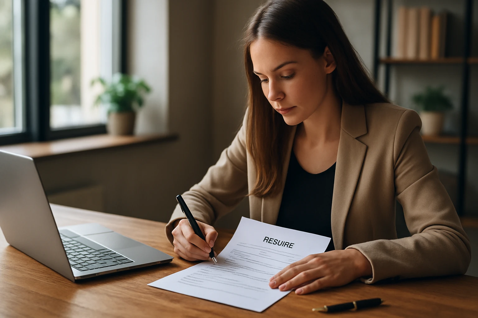 Žena píše životopis pri počítači na drevenom stole.