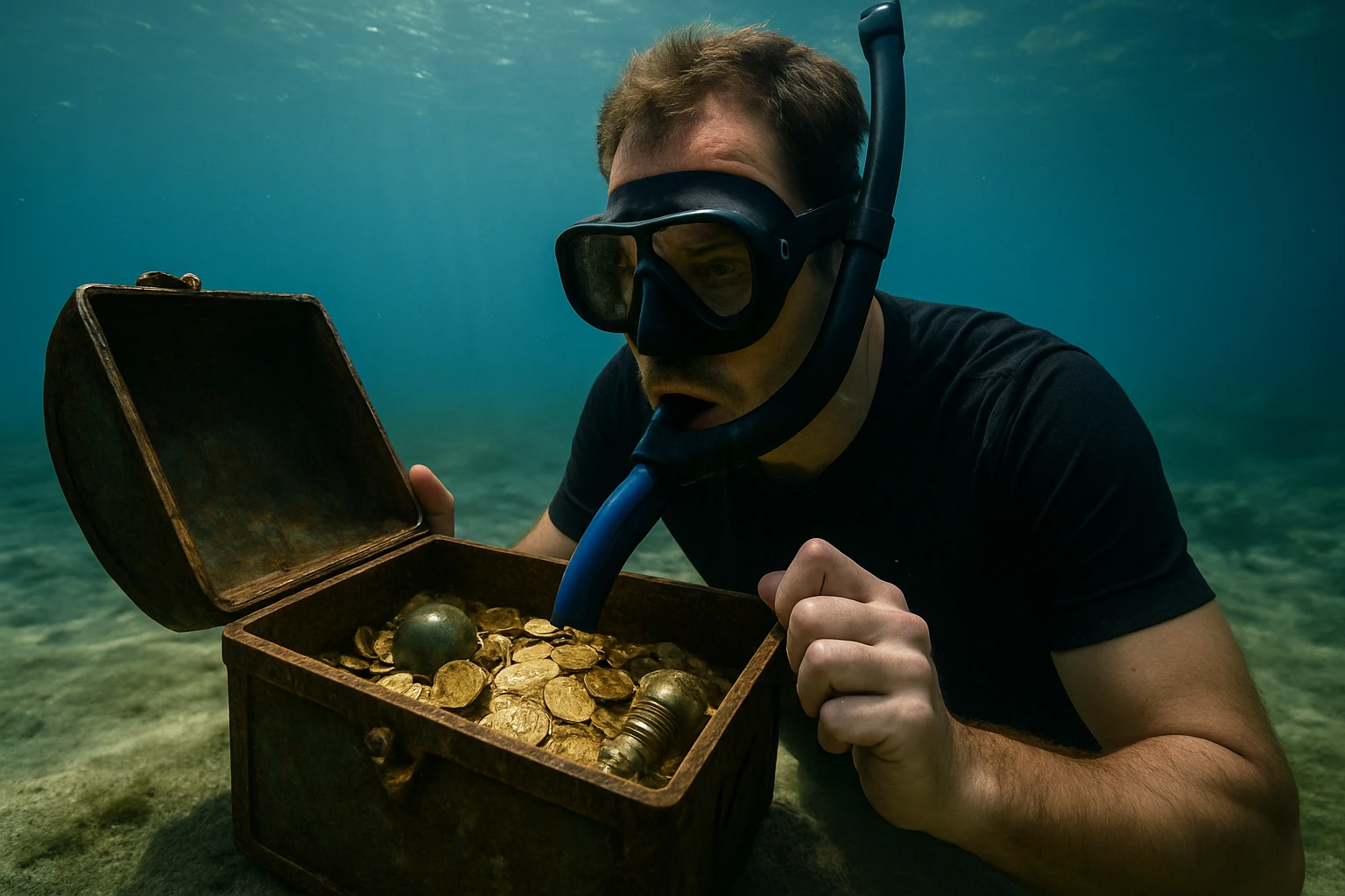 Potápač objavujúci poklady v podmorskom trezore s potápačskou trubicou.