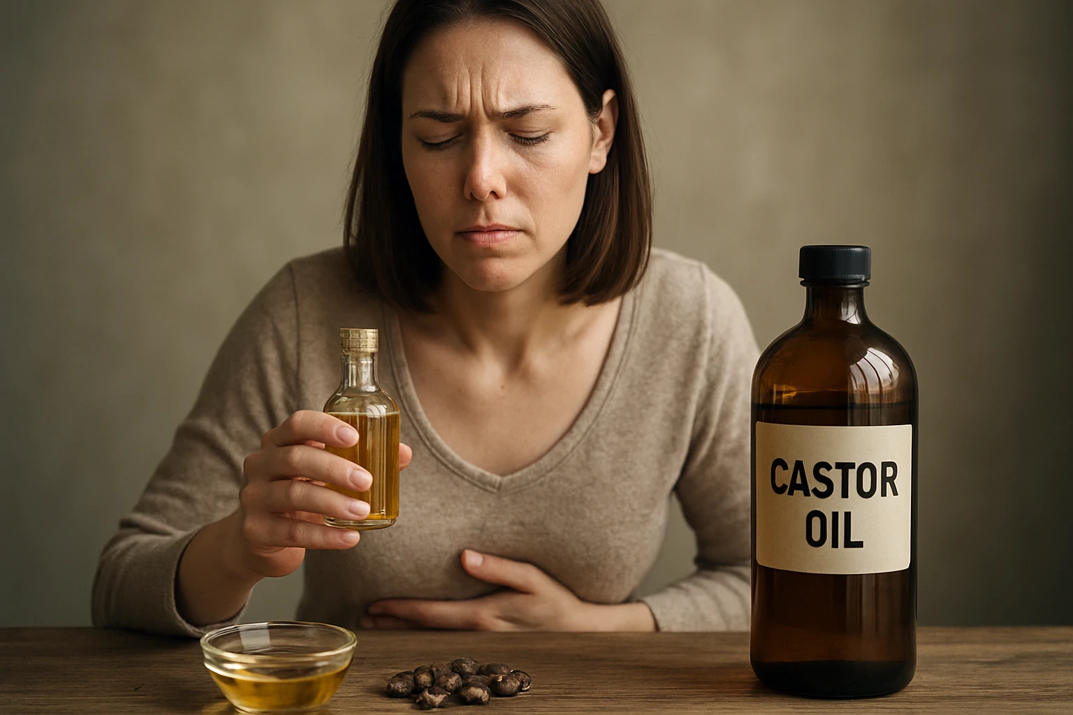 Žena s ricínovým olejom a nepríjemným pocitom v žalúdku