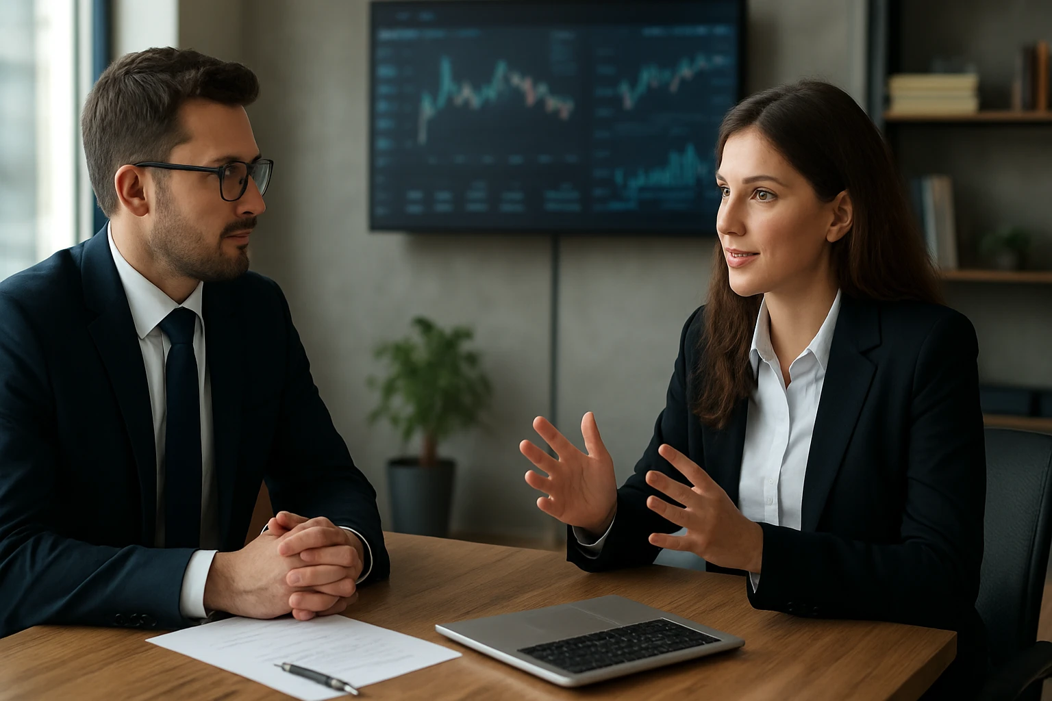 Rozhovor medzi ženou a mužom v kancelárii vo finančnom sektore.