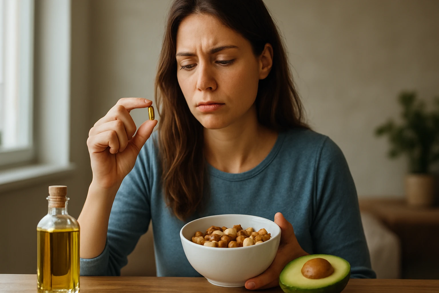 Žena drží omega-9 kapsulu s potravinami bohatými na zdravé tuky.