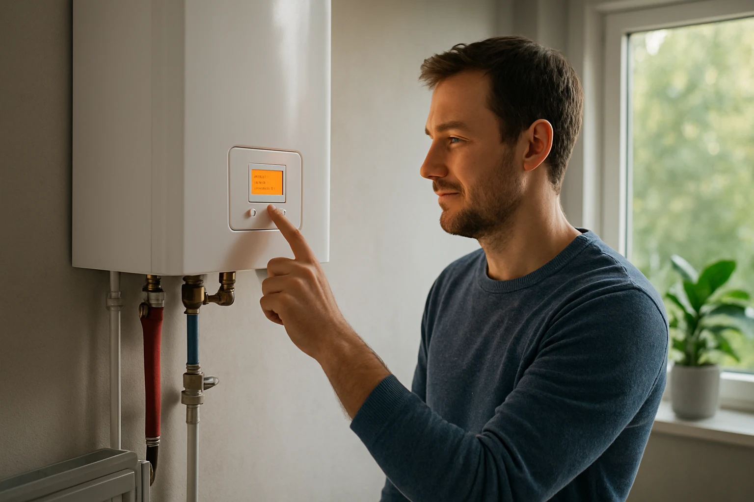 Muž nastavuje elektrický kotol v domácnosti pre úsporu energie.