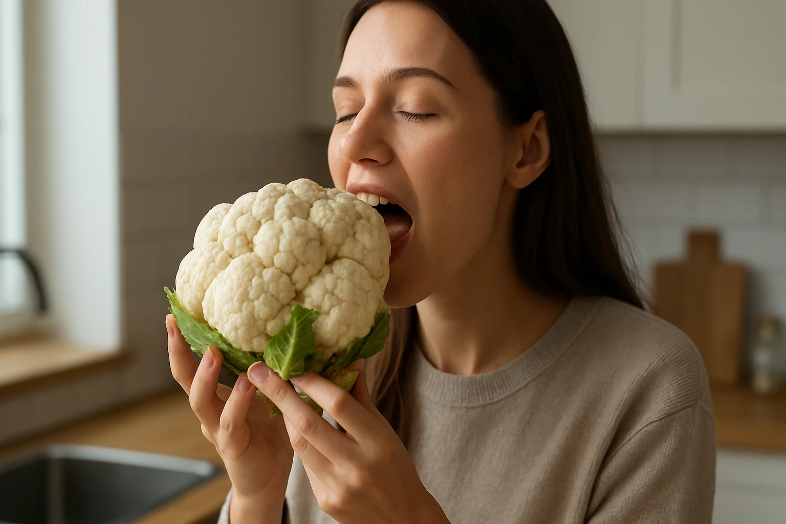 Žena s čerstvým surovým karfiolom v kuchyni.
