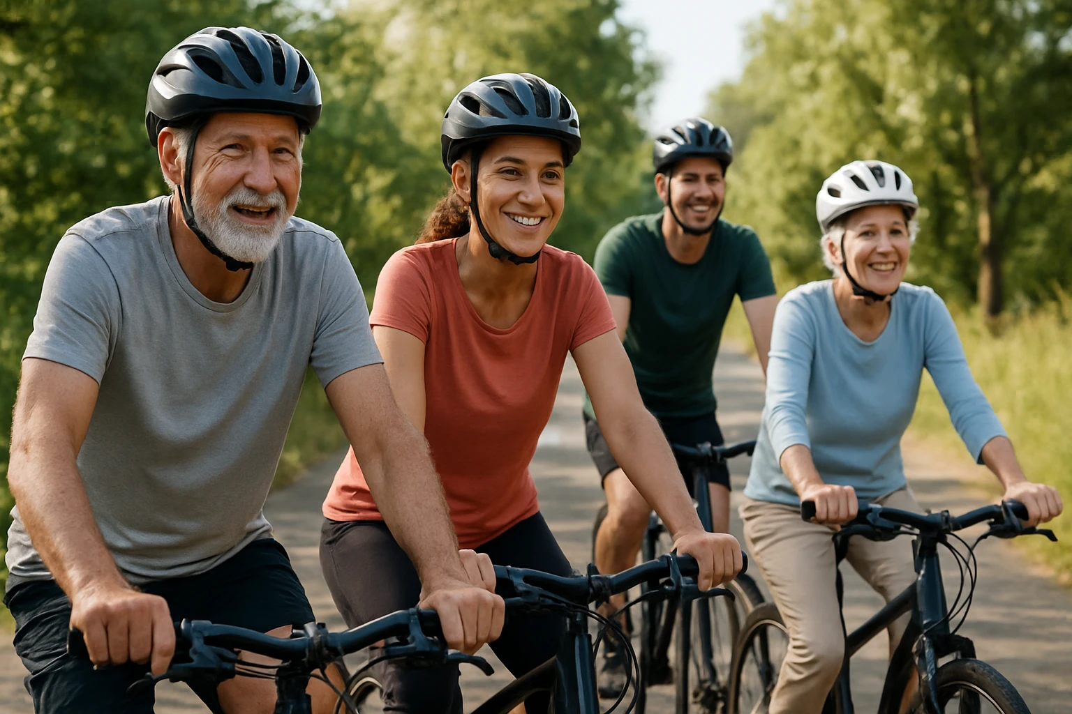 Šťastná skupina cyklistov na bicykloch v prírode