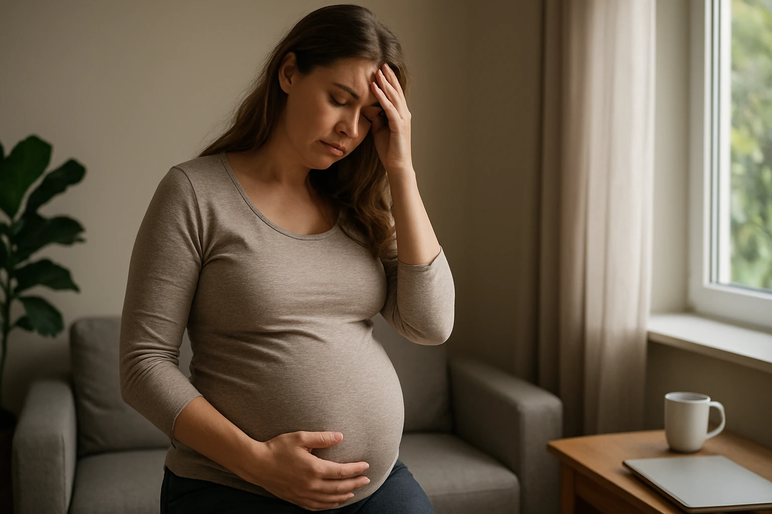 Tehotná žena s úzkosťou, premýšľa o zmene svojho tela a mysle.